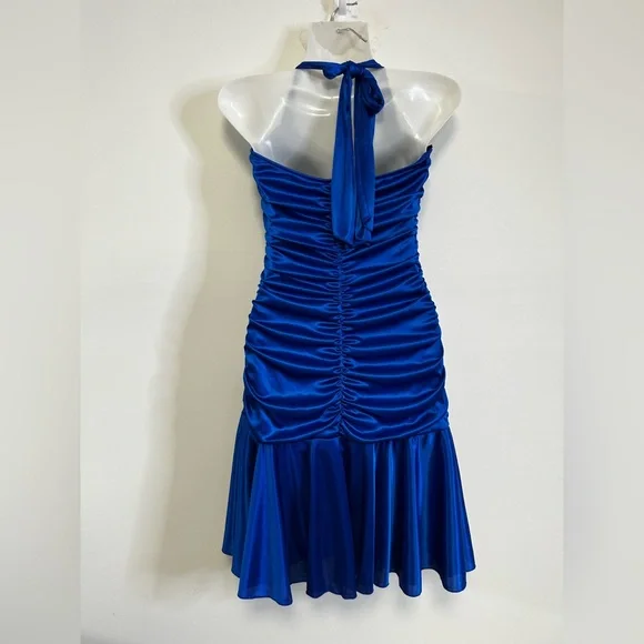 Y2K Le Chateau Halter Ruched Frill Cobalt Blue Formal Dress - Picture 7 of 7